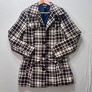 Jou Jou Lux Women's Wool Blend Brown Plaid Pattern Longline Jacket - Sz Junior M